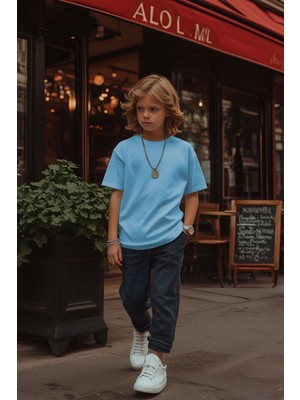 Cloise Mavi %100 Pamuk Kız Erkek Unisex Çocuk T-Shirt Kısa Kol Basic Stil