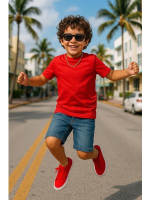 Cloise Kırmızı Çocuk T-Shirt %100 Pamuk Kız Erkek Unisex Kısa Kol Basic Tarz