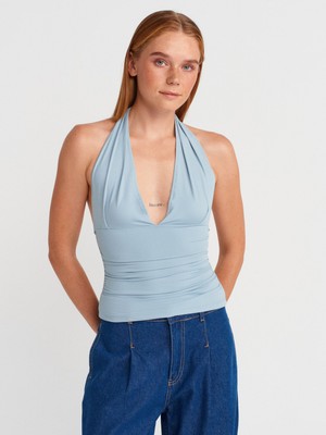 31968 Büzgülü Halter Yaka Top-Koyu Mavi