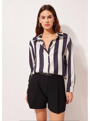 Hazelin Kadın Siyah Krem Çizgili Saten Gömlek HZL23S-BD1201731
