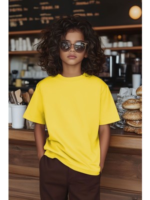 Cloise Sarı %100 Pamuk Kısa Kol Çocuk T-Shirt Unisex Erkek Kız Günlük Kullanım İçin Basic