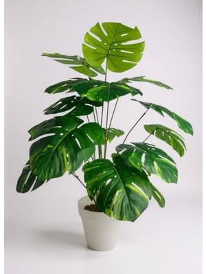 Yapay Çiçek Salon Bitkisi Monstera Tropik Desenli  70CM 18 Yaprak Antrasit Krem Saksıda