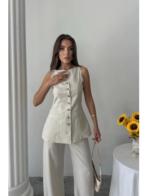 Taş Rengi Keten Yelek Pantolon Takımı