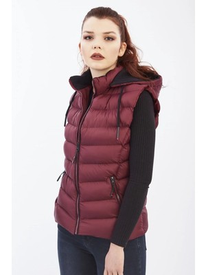 Kadın Mürdüm Kapüşonlu Şişme Yelek Kapüşon Içi Polar 5000