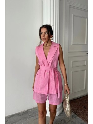 Pembe Keten Yelek ve Şort Takımı