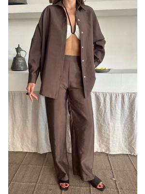 Şık Cupra Kumaş Gömlek Pantolon Takım - Kahverengi