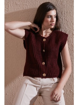Lela Premium Oversize Fit Bisiklet Yaka Düğmeli Örgü Yelek Bayan Yelek 680YL1416