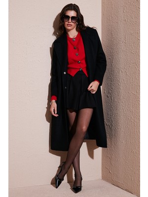 Lela Yün Karışımlı Oversize Kruvaze Yaka Yırtmaçlı Uzun Kaşe Kaban Bayan Kaban 6810235