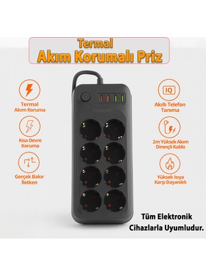 8 Prizli 4 USB Girişli Akım Korumalı Topraklı Golyat Grup Şarj Fiş Priz 2 Metre Uzatma Kablosu