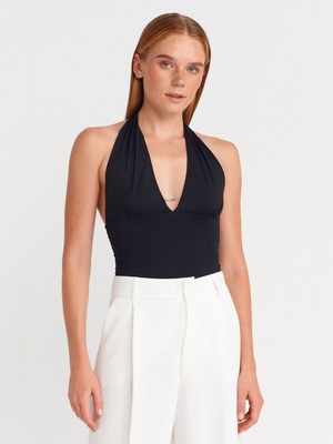 31968 Büzgülü Halter Yaka Top-Siyah