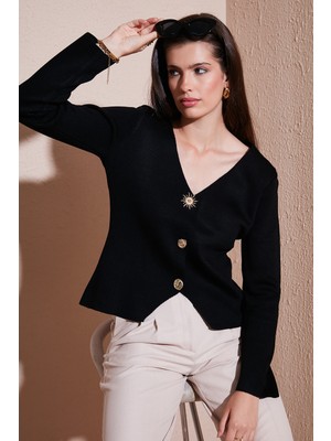 Lela Premium Regular Fit V Yaka Düğmeli Triko Hırka Bayan Hırka 680HI00121