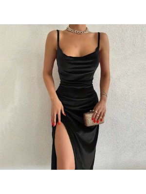 Kadın Askılı Degaje Yakalı Yırtmaçlı Kadife Midi Elbise