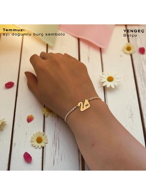 14 Ayar Plakalı Altın Yengeç Burçlarına Özel Kuğu Kuşu Motifli Beyaz Taşlı Hediye BILEKLIK-601BURÇ