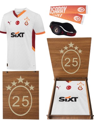 Galatasaray Orijinal 2024/2025 5 Yıldız Deplasman Forma Atkı ve Bileklik Hediyelik Ahşap Kutulu