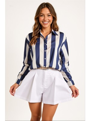 Hazelin Kadın Lacivert Krem Çizgili Saten Gömlek HZL23S-BD1201731