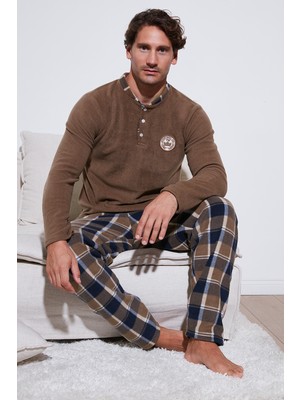 Buratti Ekoseli Regular Fit Düğmeli Bisiklet Yaka Kışlık Polar Pijama Takımı Erkek Pijama Takımı 60961008