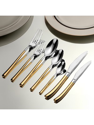 Elegance Altın Sade 12 Kişilik 84 Parça Kutulu Çatal Kaşık Bıçak Takımı