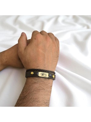 14 Ayar Altın Plakalı Horus Gözü Temalı Kahverengi Derili Oval Motifli Hediye BILEKLIK-602SEMBOL