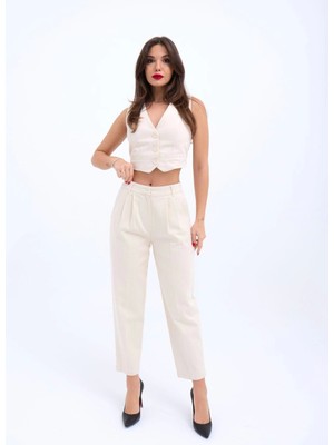 Yüksek Bel Bej Pantolon