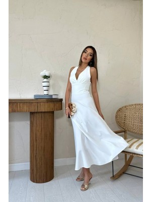 Ekru Atlas Göğüs Kuplu Elbise