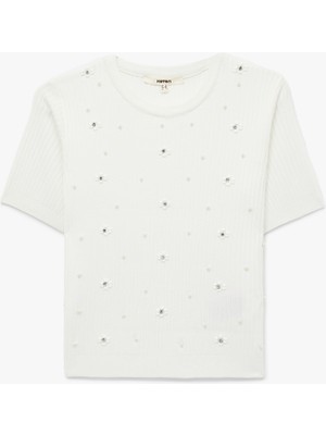 Inci Işlemeli Kısa Kollu Bisiklet Yaka Taşlı Triko Kazak