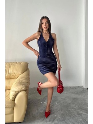 Çizgili Lacivert Yelek ve Etek Takımı