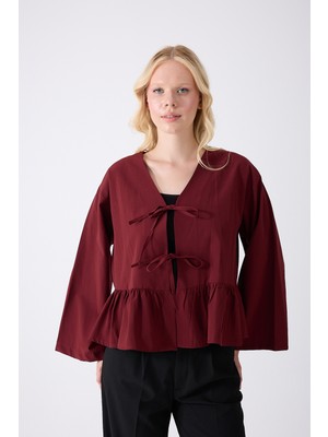 Önü Baglamalı Bordo Fırfırlı Kimono