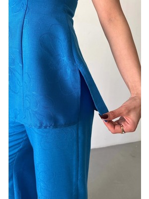 Jakar Keten Kolsuz Bluz-Pantolon Tk - Mavi