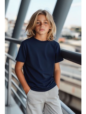 Cloise %100 Pamuk Indigo Çocuk T-Shirt Kısa Kol Unisex Basic Stil Erkek Kız