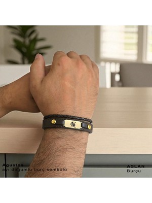 14 Ayar Altın Plakalı Aslan Burçları Için Kahverengi Derili Oval Motifli Hediye BILEKLIK-602BURÇ