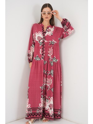 Kadın Desenli Uzun Tesettür Elbise 2585 - Gül Kurusu