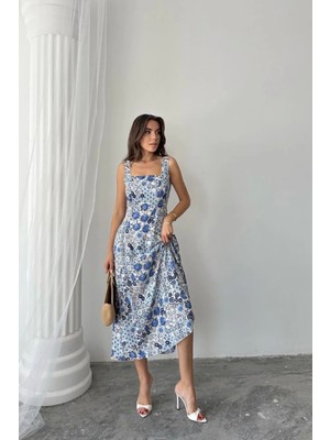 Mavi Çiçekli Viskon Elbise