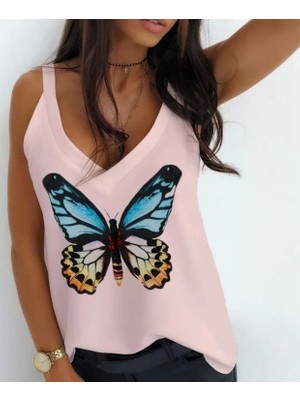 Kelebek Desenli Askılı Bluz