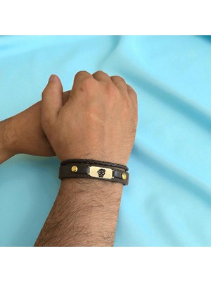 14 Ayar Plakalı Altın Asker Kafatası Temalı Kahverengi Derili Oval Motifli Hediye BILEKLIK-602SEMBOL