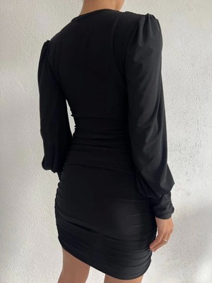 Lastikli Düğmeli V Yaka Sandy Mini Elbise -Siyah