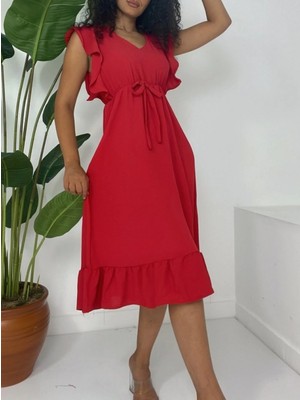 Omuzu Fırfırlı Beli Lastikli Sıfır Kol Midi Boy Ayrobin Elbise  -Kırmızı