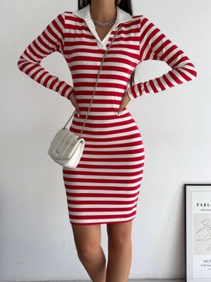 Yakalı Çizgili Uzun Kol Elbise -Kırmızı