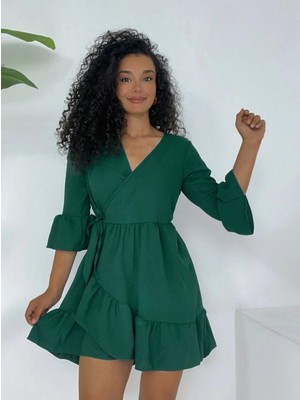 Eteği ve Kolları Fırfırlı Beli Lastikli Ayrobin Elbise  -Zümrüt