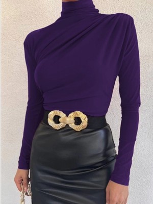 Yarım Boğaz Büzgülü Sandy Bluz      -Mor