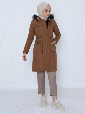 Çıkma Kapşonlu Bağcıklı Bondit Kısa Kaban -Taba