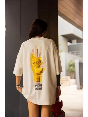 Unisex Bisiklet Yaka Baskılı Oversize T-Shirt - Beyaz