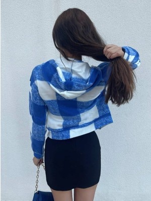 Kapşonlu Ekose Polar Crop Ceket -Mavi