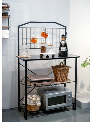 Siyah Metal & Mermer Desenli Raflı Kahve Köşesi Geniş Mutfak Bangosu
