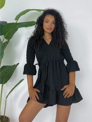 Eteği ve Kolları Fırfırlı Beli Lastikli Ayrobin Elbise  -Siyah