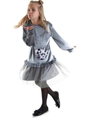 Leopar Cepli Kız Çocuk Gri Kadife Elbise