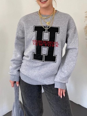 Önü Nakışlı Bisiklet Yaka Sweat Tunik -Gri