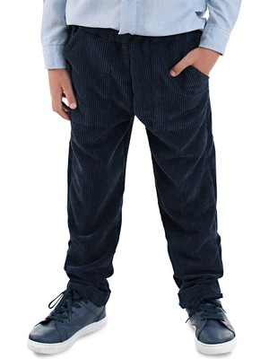 Denokids Fitilli Kadife Erkek Çocuk Pantolon 5 Yaş Lastikli Regular Kesim Lacivert Desenli