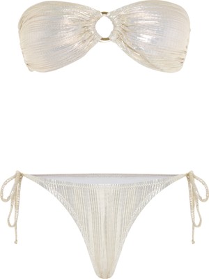 Tokalı Piliseli Gold Parlak Straplez Bikini