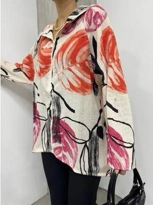 Desenli Fermuarlı Sabit Kapşonlu Keten Ceket -Turuncu