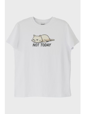 Nuugg Yorgun Kedi Mizahi Not Today Beyaz Tişört